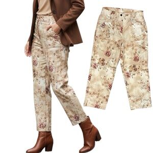 J. Jill Pants Sz 8P Stretch Tan Floral Graphics Print Straight Legs Pockets